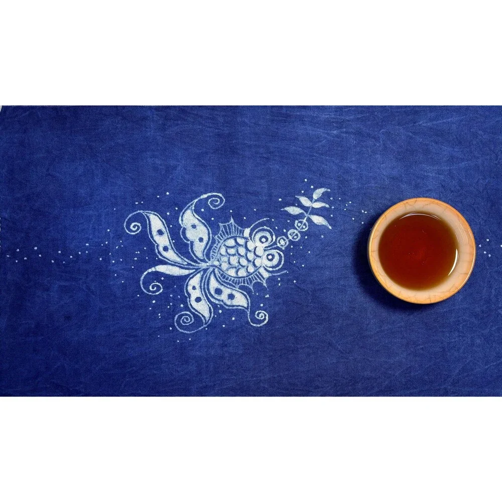 Handmade Indigo Batik Goldfish Tea Mat, Chinese Textile Placemat, Hand-Dyed